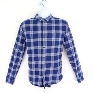 Forever 21 Flannel Button Up Shirt Mens Sz L Blue Plaid 100% Cotton Long Sleeves